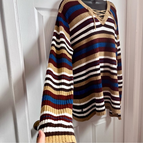 Vintage Saint Germain Des Pres Sweater Knit Pull Stripped V-Neck Tie XL Women - Picture 4 of 5